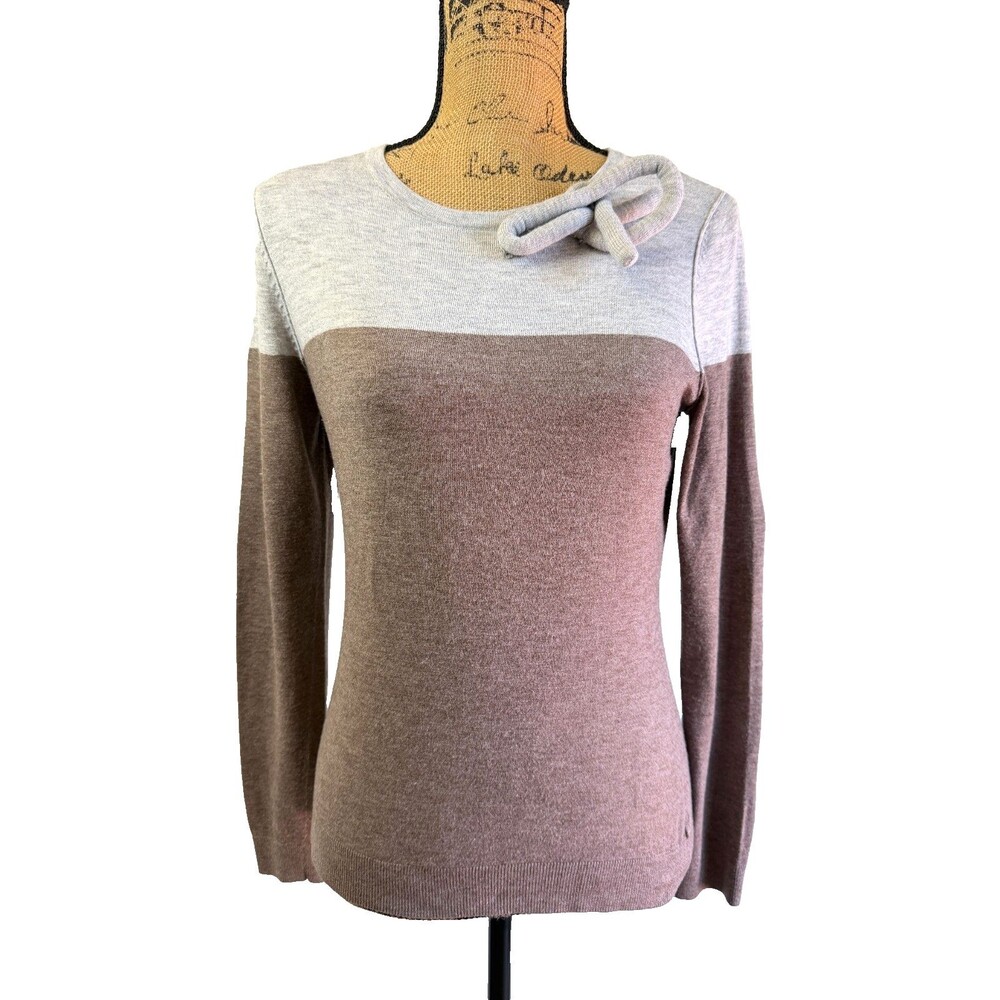 Etcetera Women's Bow Neck Colorblock Knit Sweater Gray Brown Long Sleeve Size M